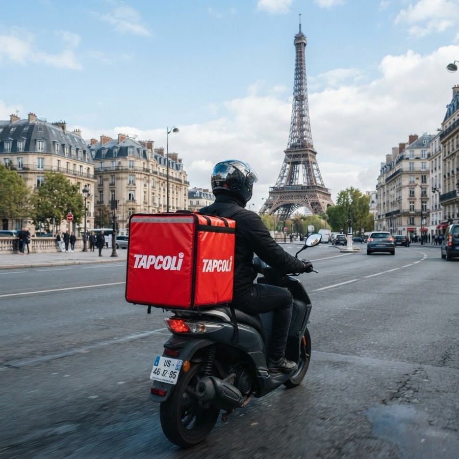 Livreur Tapcoli à scooter, sac de livraison rouge sur le dos, devant la Tour Eiffel à Paris